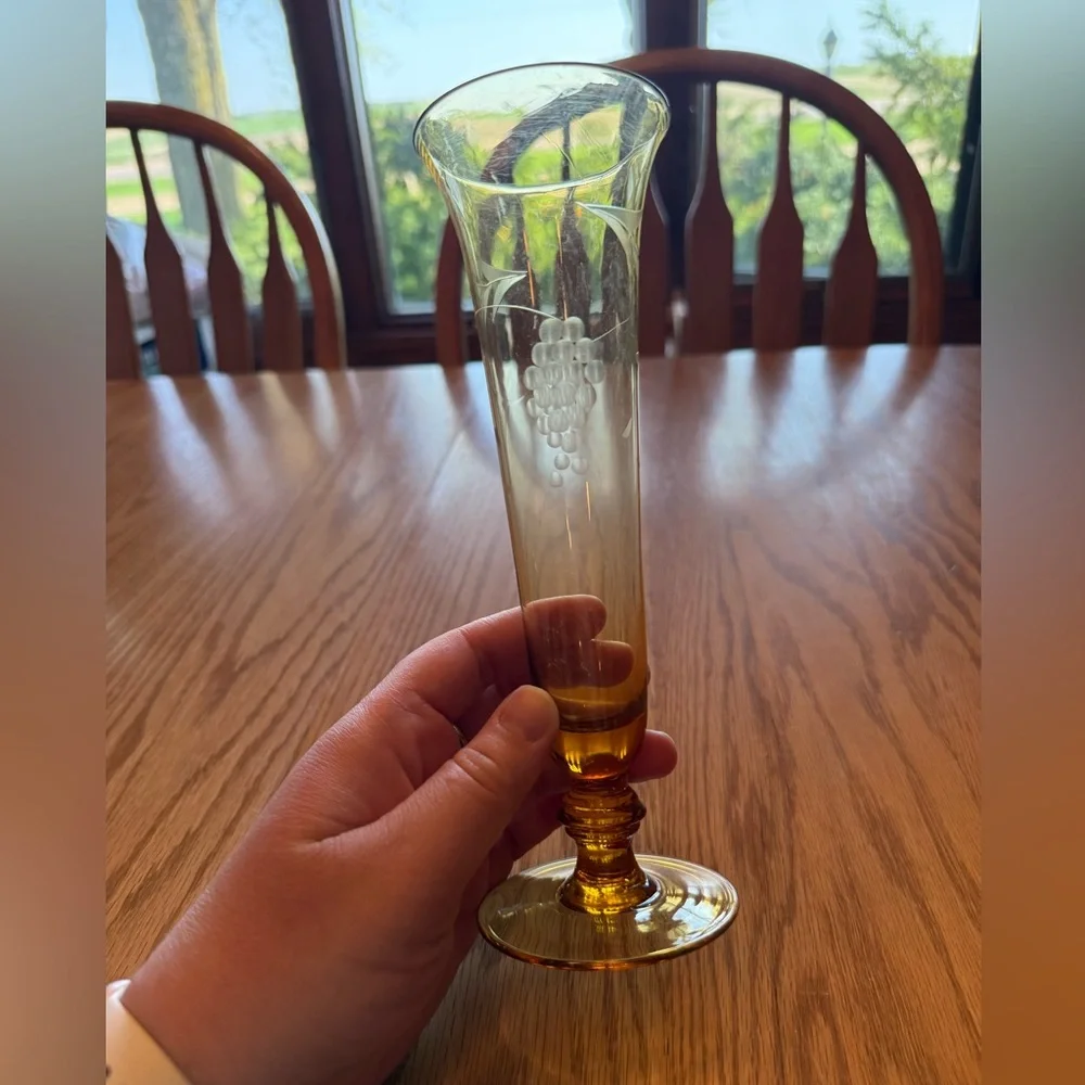 Vintage Amber Etched Glass Bud Vase